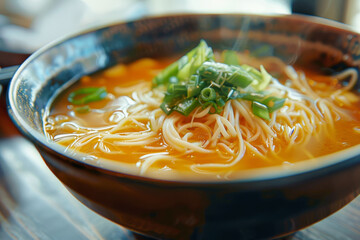 A bowl of noodles with green onions on top