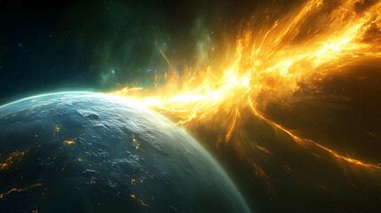Wall Mural - A fiery cosmic stream passes close to a planet, illuminating its surface.