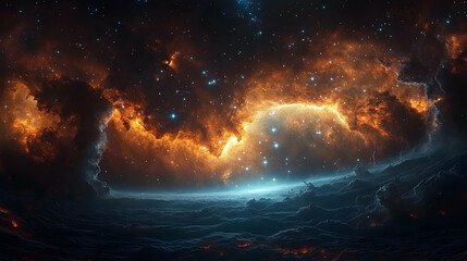 Wall Mural - A fiery nebula glows above a planet with swirling clouds.