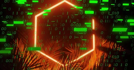 Wall Mural - Binary code animation over neon lights and abstract shapes