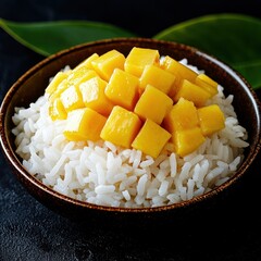 Wall Mural - Delicious Mango Sticky Rice in Bowl  Asian Dessert  Tropical Fruit  Sweet Treat   Food Photography