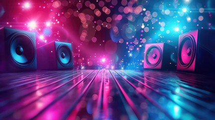 Wall Mural - Four speakers on a metallic platform in a club setting with pink and blue disco lights.