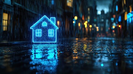 Poster - Neon House Icon on Wet Street in Rain at Night