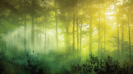 Wall Mural - A forest with trees and a misty fog