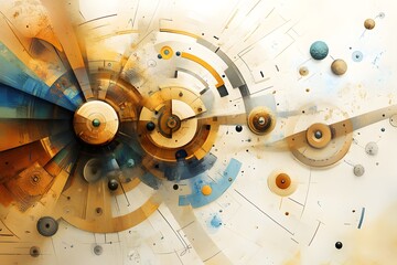 Poster - Abstract Circular Geometric Design with Yellow, Blue, and White.