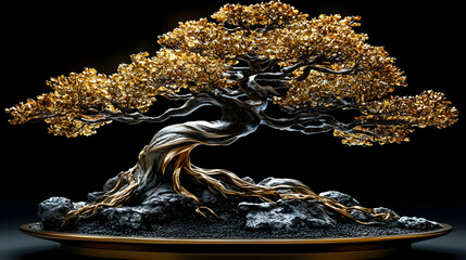 A golden bonsai tree with a twisted trunk and branches, set against a black background.