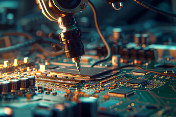 Poster - A computer chip is being manufactured by a machine