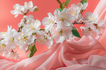 Sticker - A close up of a branch of white flowers with pink background