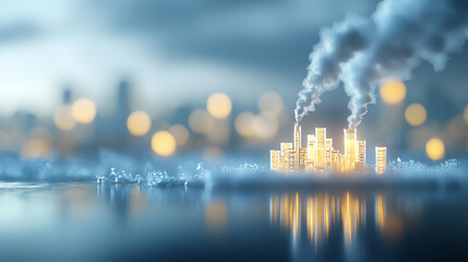 A vibrant cityscape with glowing buildings and smoke plumes, reflecting industrial activity amidst a serene water backdrop.