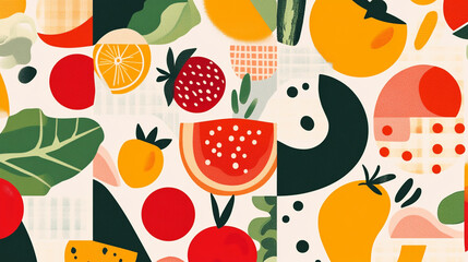 Colorful abstract pattern featuring various fruits and vegetables arranged in a playful and vibrant design