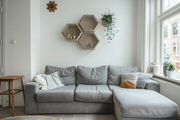 Wall Mural - A small, cozy living room in with white walls and a light grey wooden floor. The gray sofa has two decorative hexagonal shelves on the wall above it. 