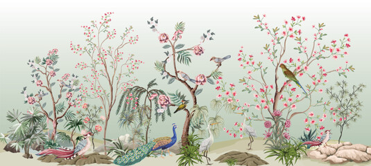 blossom tree with sparrow, finches, butterflies, dragonflies. seamless pattern, background. vector i