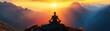© AshrofS - A serene silhouette of a person meditating at sunrise, surrounded by majestic mountains and vibrant, warm colors in the sky.