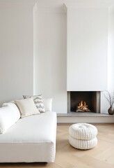 Poster - White corner sofa near fireplace. Scandinavian home interior design of modern living room