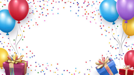 Wall Mural - birthday party frame vector white background with balloons and presents gifts,colorful confetti,birthday decoration, high definition image