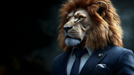 Wall Mural - A lion in a suit with a serious expression, looking to the side.