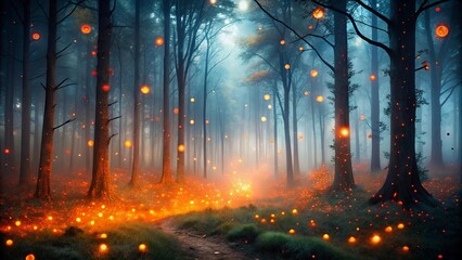 Wall Mural - Dark and mysterious orange red fog enveloping an artistic forest scene with fireflies in abstract styles