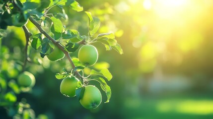 Wall Mural - Green apples ripen on a branch.