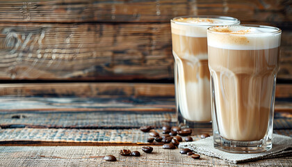 glasses of latte macchiato coffee on a wooden background