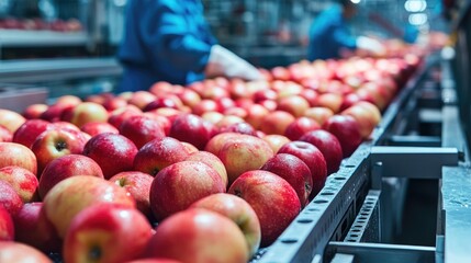 Poster - Inside a food processing plant, a technologist manages the selection and production of apples, ensuring top quality in a controlled environment.