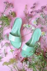 Poster - A pair of mint green shoes placed on a bright pink background