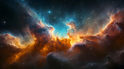 Wall Mural - A majestic nebula with a fiery orange glow and a hint of blue, illuminating the dark space with a multitude of twinkling stars.