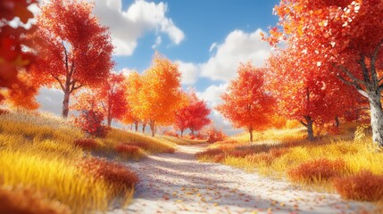  A lively toy maple forest under a bright sky, with detailed ground and vibrant colors, in a super-realistic 3D rendering.