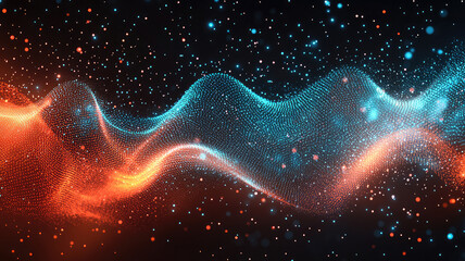 this abstract colorful wave background features digital light blue and light red particles, a confetti-like pattern of dots, and a dark orange color scheme.