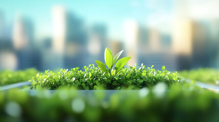 New plant growth emerges in a vibrant urban setting, symbolizing hope, sustainability, and the power of nature in the city.