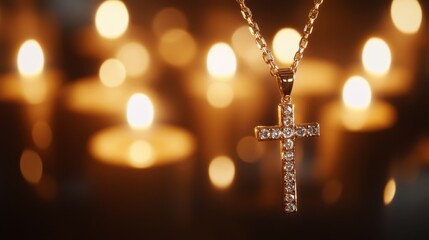 Silver Cross Pendant with Candlelight Glow: A delicate silver cross pendant shimmers in the warm glow of candlelight, creating a serene and spiritual atmosphere.  