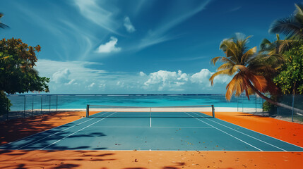 Wall Mural - Bird Eye View Beach with Palm Trees and Blue Ocean Background