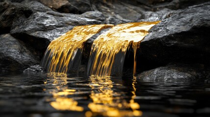 Wall Mural - A mesmerizing cascade of liquid gold over polished black rocks, with gentle reflections creating calm and luxury.