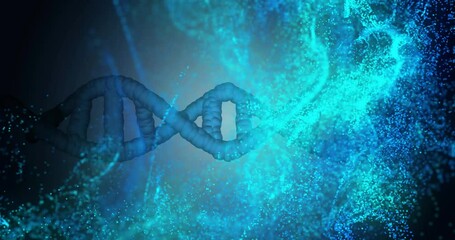 Poster - DNA strand and molecular structure animation over blue particles background