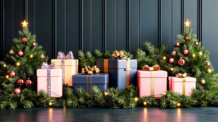 Wall Mural - Christmas presents waiting under decorated christmas trees