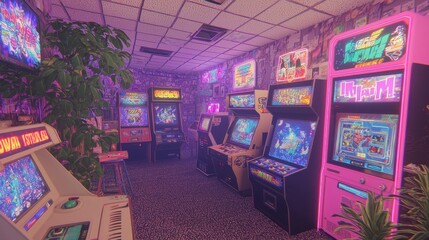 Wall Mural - Retro Arcade Interior with Neon Lights and Vintage Games