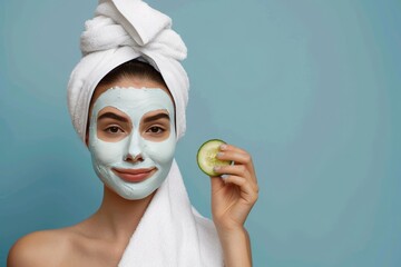 A woman with a white towel on her head, wearing a face clay mask and holding a cucumber slice near her eye area, isolated on a blue background