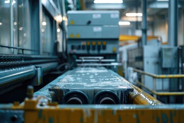Poster - Industrial conveyor belt with various machines and equipment processing goods