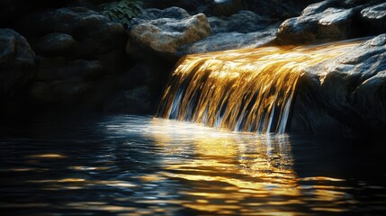 A tranquil flow of liquid gold over smooth, dark rocks, with soft light reflections adding a touch of elegance and calm.