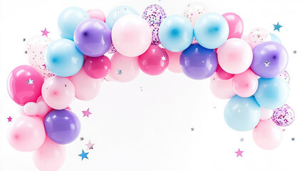 Wall Mural - a delightful pastel balloon arch in shades of pink, purple, and blue, adorned with sparkling stars and whimsical confetti, detailed high resolution photo