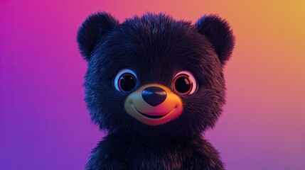 A cute, cartoon-style bear with big eyes and a friendly smile against a colorful background.