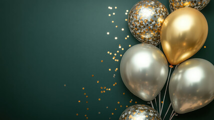 silver and gold balloons with confetti on dark green background, detailed hyper realistic image