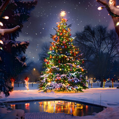 Wall Mural - Giant christmas tree covered with snow, lights and ornaments is reflecting in a pond in a snowy park