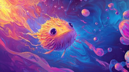 Wall Mural - Abstract background with a floating puffer fish, vibrant colors, and swirling patterns creating a surreal, dreamy atmosphere.