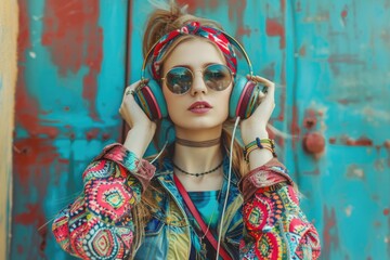 A young woman wearing headphones and a colorful jacket enjoying her favorite music while outside