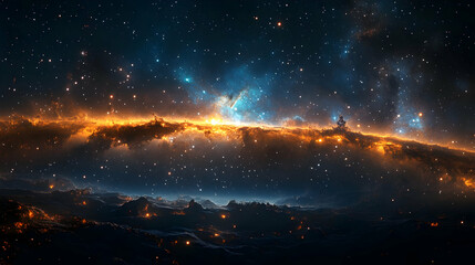 Wall Mural - A stunning view of a distant galaxy with a bright orange nebula and a dark blue nebula.