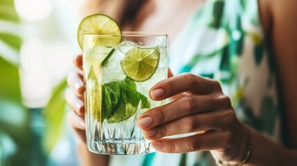 Wall Mural - Glass of detox lime water held by aged lady.