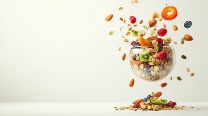 Vibrant fruits and nuts explode from a clear bowl against a white background, capturing fresh and healthy eating in mid-air.