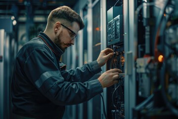 Poster - A person working on a machine in a industrial setting, possibly used for manufacturing or production purposes