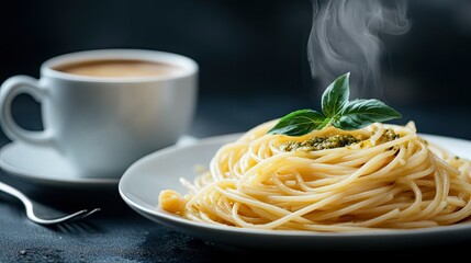 A close-up of Italian spaghetti with a vibrant pesto sauce and a steaming cup of espresso, arranged on a dark, elegant background.