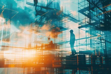 A person standing on a scaffolding outside a building, possibly for maintenance or construction work